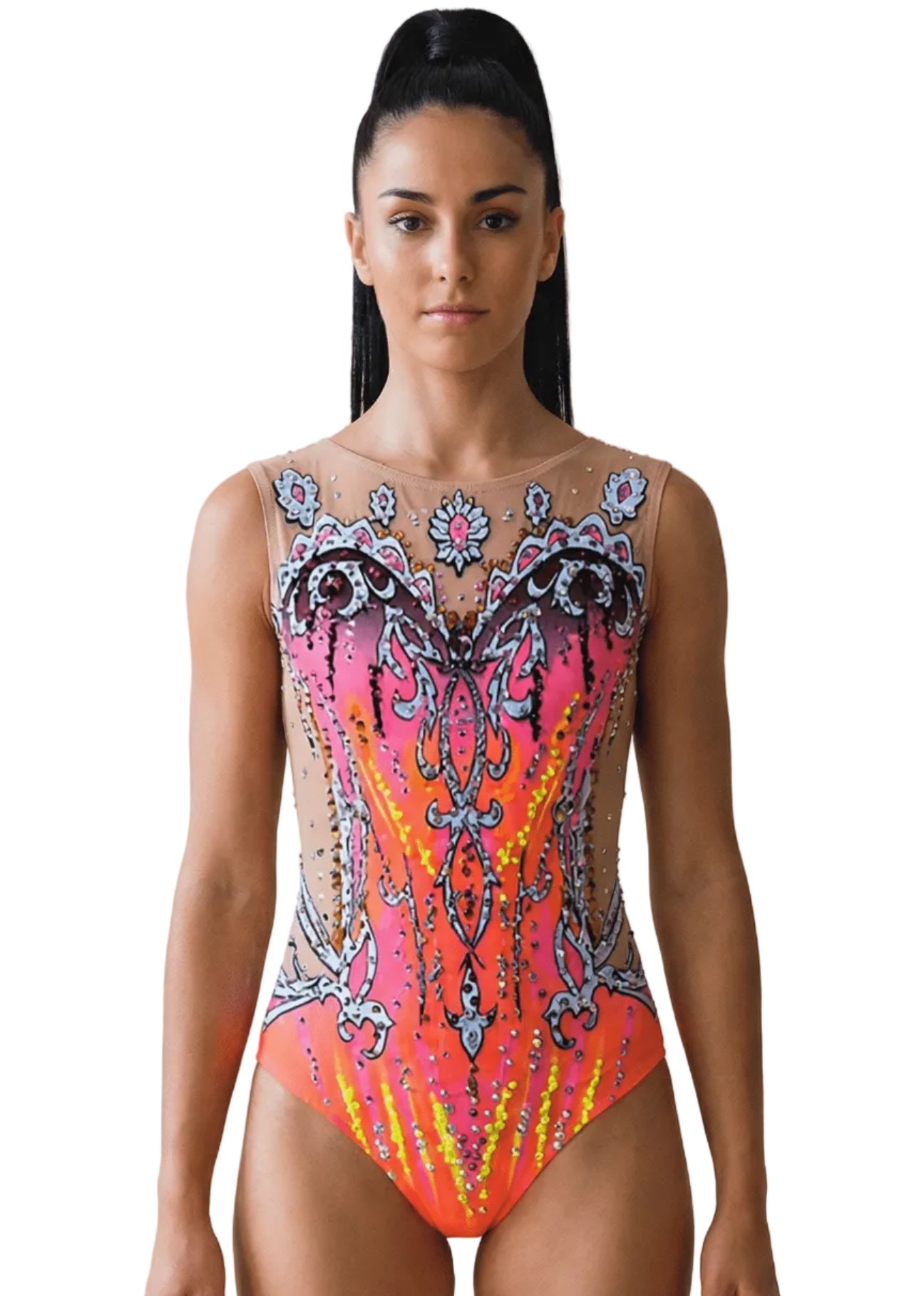 Body da gara per ginnastica ritmica rosa e arancio neon con rete color nudo, strass brillanti e ornamenti simmetrici in stile elegante.
Body da ritmica rosa e arancio neon con abbondanti strass, rete color nudo e design ornamentale dettagliato con finitura vibrante.
Schiena di un body da ritmica rosa e arancio neon con rete color nudo, strass sparsi e motivi ornamentali in stile raffinato.