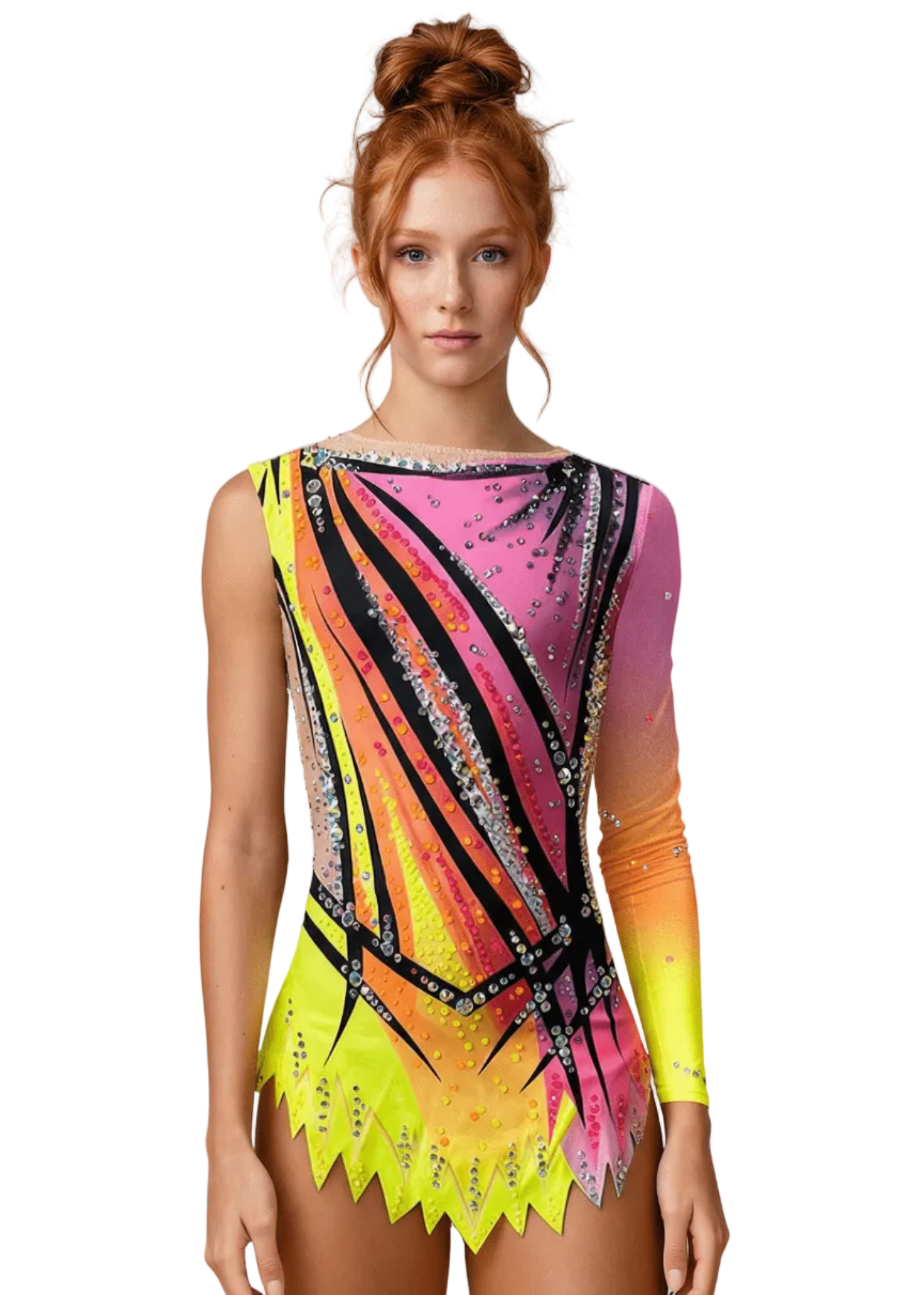 Body da gara per ginnastica ritmica rosa e giallo neon con sfumature, strass brillanti, una manica lunga e gonnellino sagomato in stile dinamico.
Body da ritmica giallo neon e rosa con rete color nudo, abbondanti strass, linee nere marcate e una manica lunga sfumata.
Schiena di un body da ritmica rosa e giallo neon con strass sparsi, sfumature vibranti e design grafico con linee ascendenti.