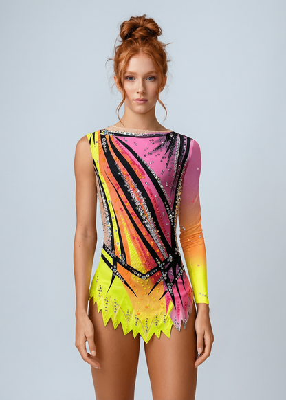 Maillot de gimnasia rítmica rosa y amarillo neón con degradados, pedrería brillante, una manga larga y falda recortada en estilo dinámico.
Maillot rítmico amarillo neón y rosa con transparencias tono piel, pedrería abundante, líneas negras marcadas y una manga larga degradada.
Espalda de maillot rítmico rosa y amarillo neón con pedrería dispersa, degradados vibrantes y diseño gráfico de líneas ascendentes.