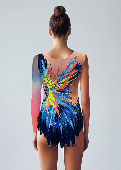 Maillot de gimnasia rítmica translúcido con tonos fucsia, morado y neón, pedrería brillante y diseño posterior explosivo de líneas afiladas vibrantes.
Maillot rítmico con base translúcida, detalles fucsia y morados, pedrería abundante y patrón posterior dinámico de formas neón contrastadas.
Maillot de gimnasia rítmica translúcido en rosa, morado y amarillo neón, pedrería dispersa y estilo posterior vibrante con trazos expansivos.