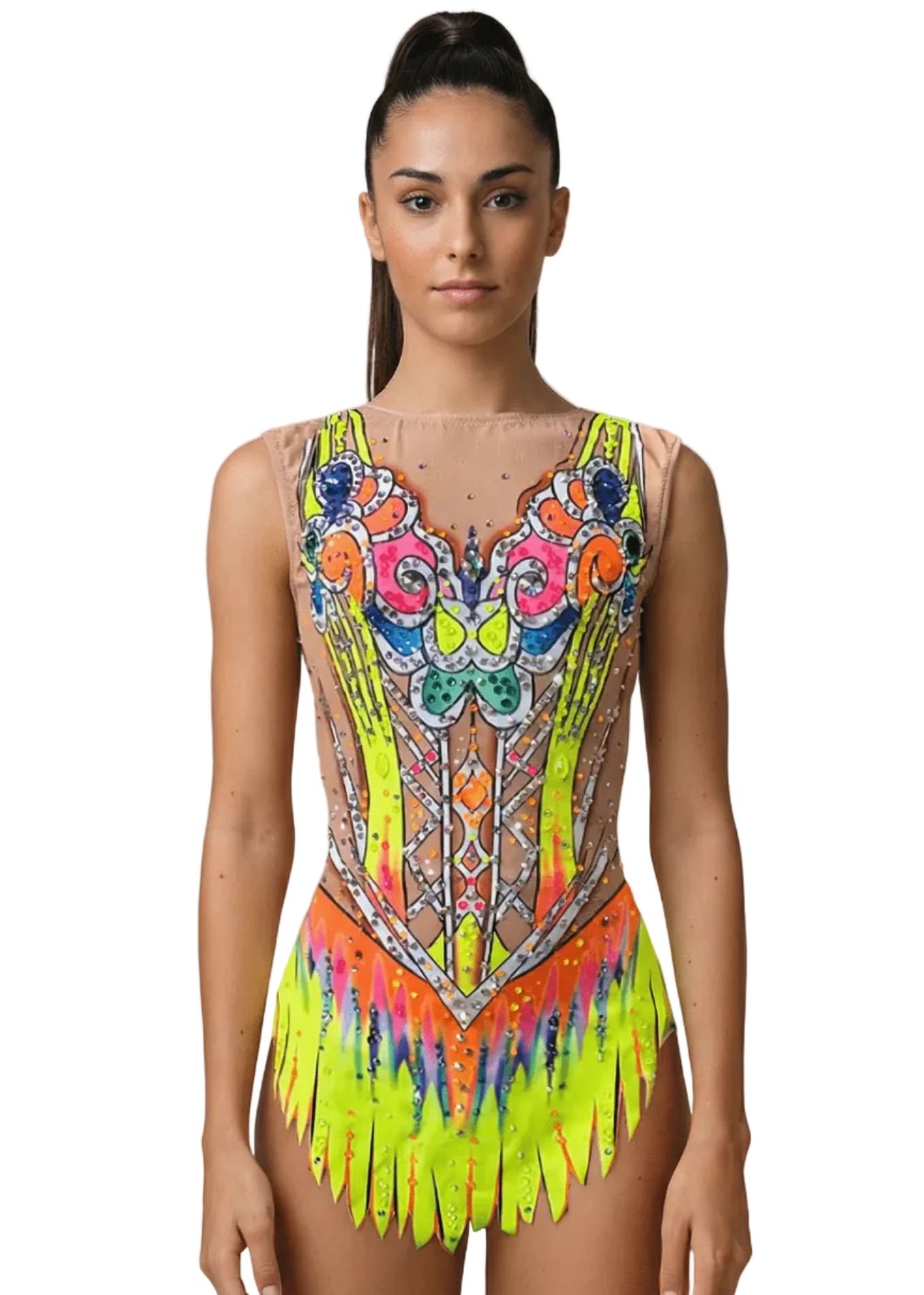 Body da gara per ginnastica ritmica neon multicolore con rete color nudo, abbondanti strass e design simmetrico tipo corpino con gonnellino sagomato vibrante.
Body da ritmica multicolore neon con rete color nudo, strass brillanti, dettagli ornamentali centrali e gonnellino sagomato dallo stile accattivante.
Schiena di un body da ritmica neon multicolore con rete color nudo, strass sparsi e design fluido con linee decorative.