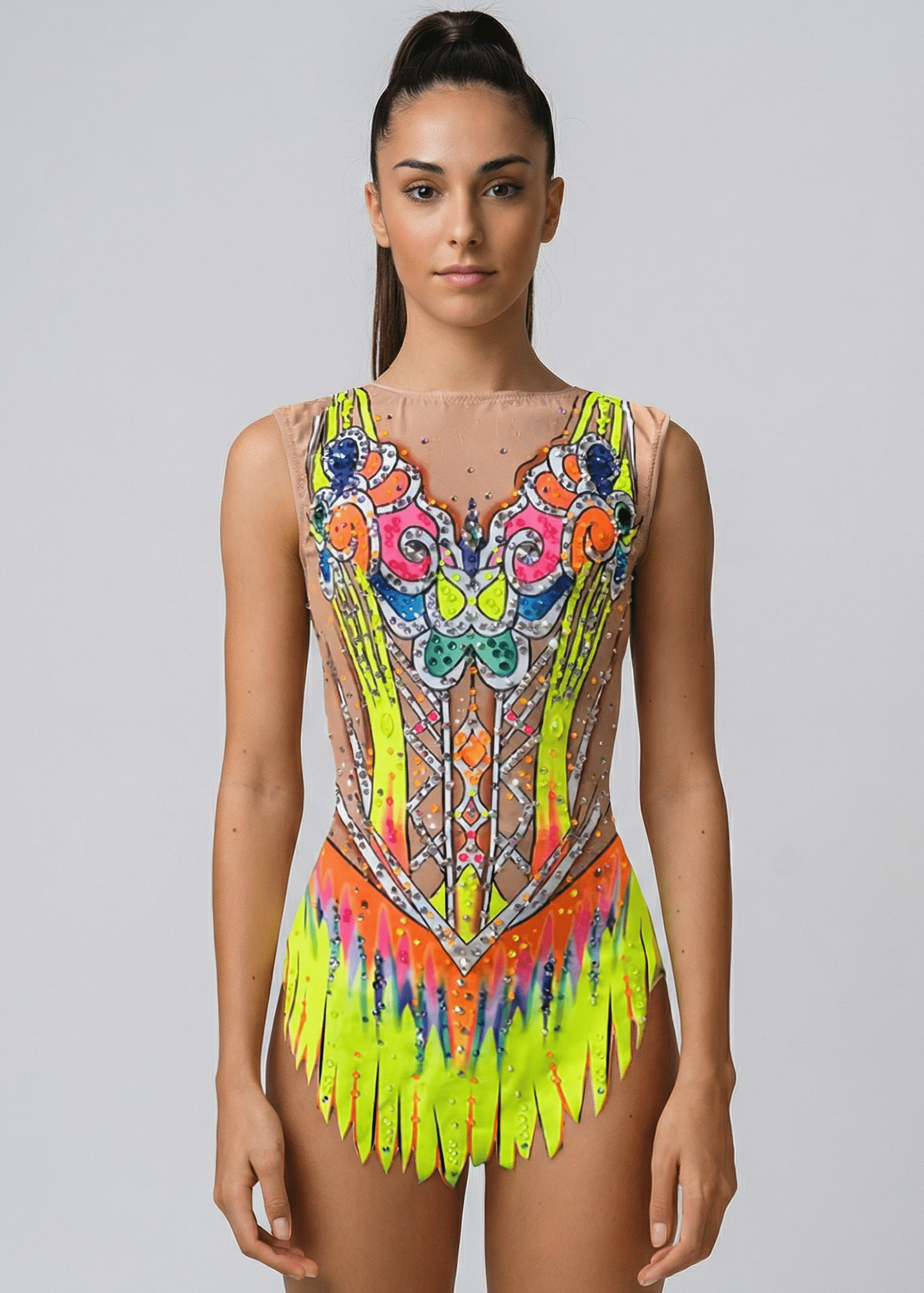 Maillot de gimnasia rítmica neón multicolor con transparencias tono piel, pedrería abundante y diseño simétrico tipo corpiño con falda recortada vibrante.
Maillot rítmico multicolor neón con transparencias tono piel, pedrería brillante, detalles ornamentales centrales y falda recortada en estilo llamativo.
Espalda de maillot rítmico neón multicolor con transparencias tono piel, pedrería dispersa y diseño fluido de líneas decorativas.