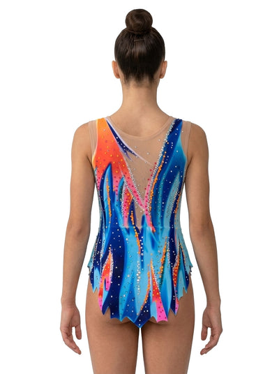 Body Aurora Vinkova, dietro: blu e turchese, inserto a V color carne, strass.