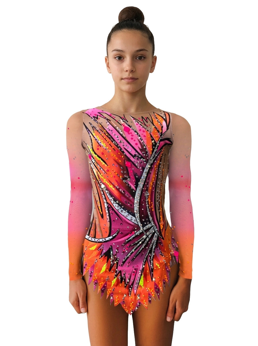 Body da ginnastica ritmica Bora Vinkova, davanti: rosa e arancione, linee curve nere, maniche lunghe.