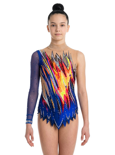 Body da ginnastica ritmica Dexa Vinkova, davanti: blu, raggi multicolori, una manica lunga.