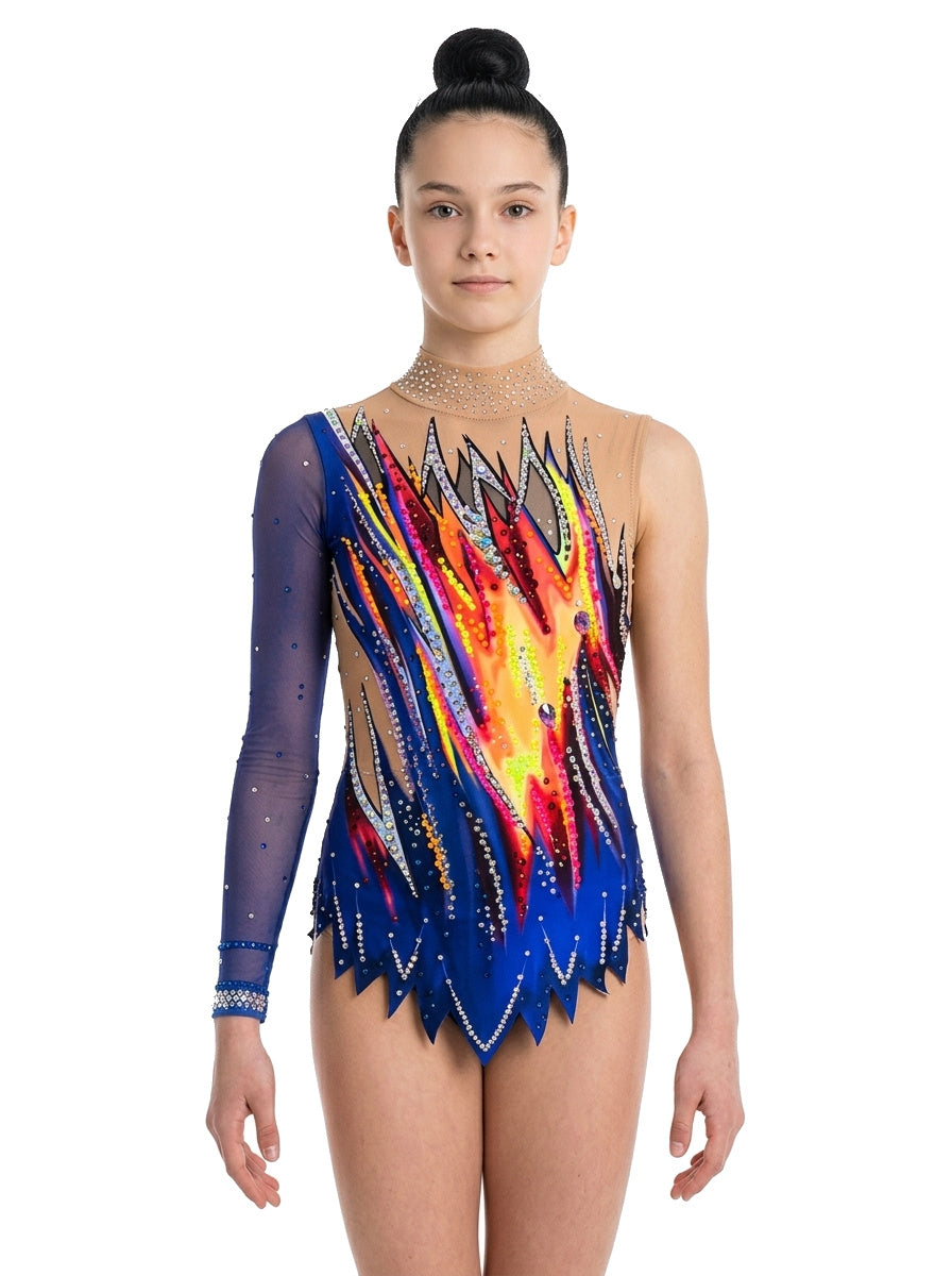 Body da ginnastica ritmica Dexa Vinkova, davanti: blu, raggi multicolori, una manica lunga.