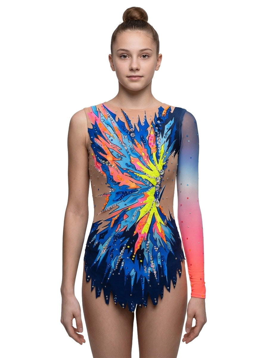 Body da ginnastica ritmica Isabella Vinkova, davanti: blu, raggi multicolori, una manica lunga.