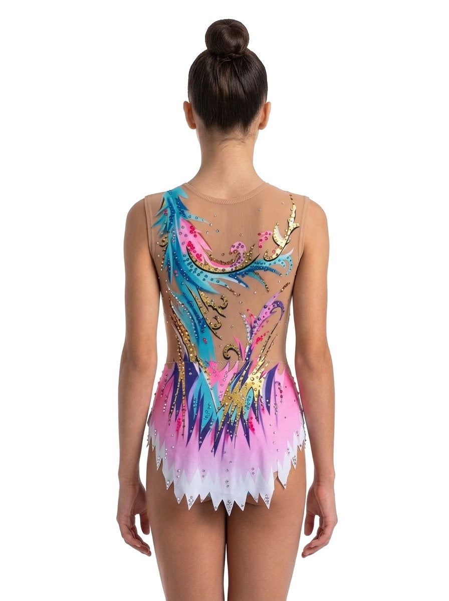 Body Leo Vinkova, dietro: turchese e rosa, linee curve, gonna a punte.