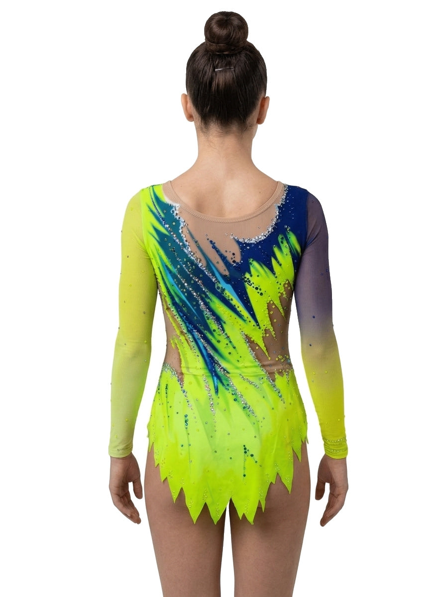 Body Leva Vinkova, dietro: lime e blu, maniche lunghe, linee diagonali.