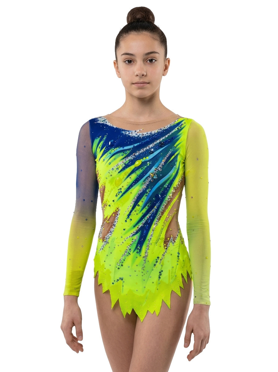 Body da ginnastica ritmica Leva Vinkova, davanti: lime e blu, maniche lunghe, gonna a punte.