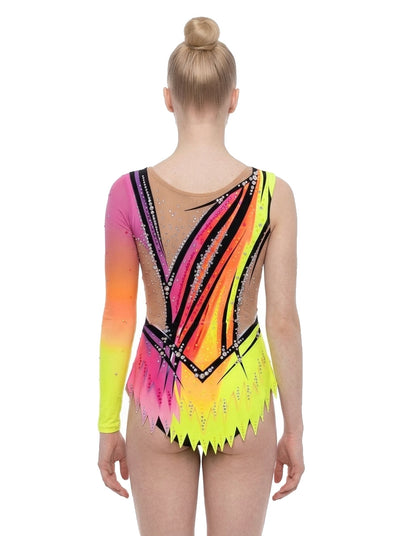 Body Lily Vinkova, dietro: rosa, arancione e giallo fluo, diagonali nere, inserto a V color carne.
