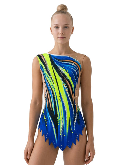 Body da ginnastica ritmica Luxor Vinkova, davanti: blu e lime, linee curve.