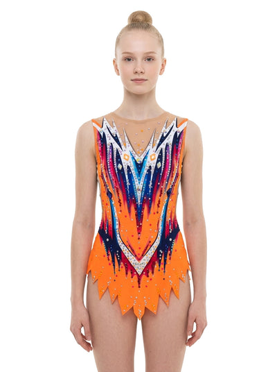 Body da ginnastica ritmica Regina Vinkova, davanti: arancione, blu e bianco, linee a V.