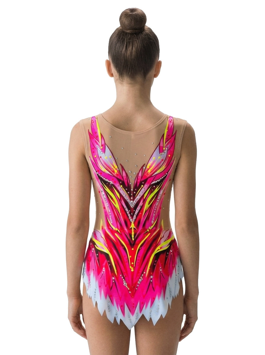 Body Roz Vinkova, dietro: rosa, giallo e bianco, linee a V, gonna a punte.