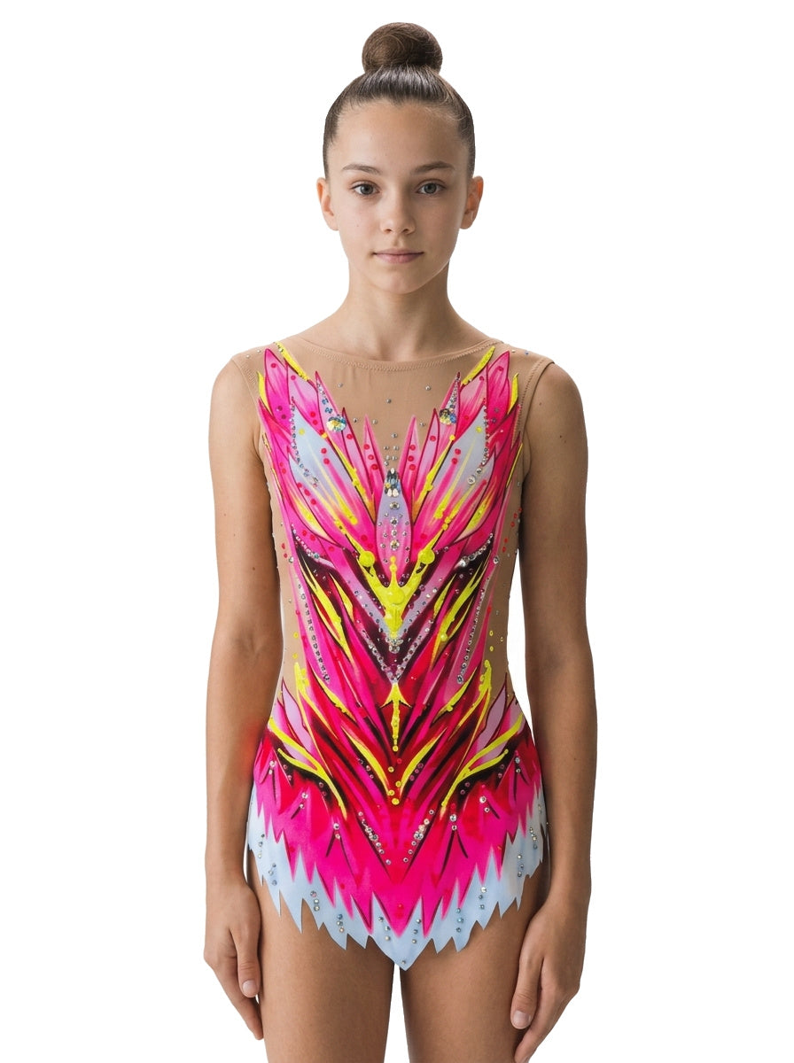 Body da ginnastica ritmica Roz Vinkova, davanti: rosa, giallo e bianco, linee a V.