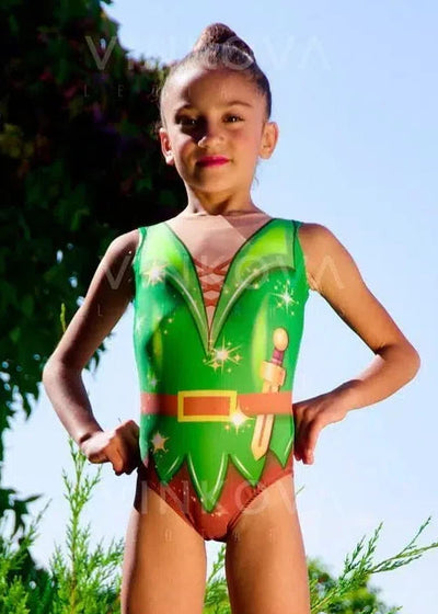Body da ginnastica ritmica di Peter Pan in colore verde con design a tunica, cintura e pugnale stampato.