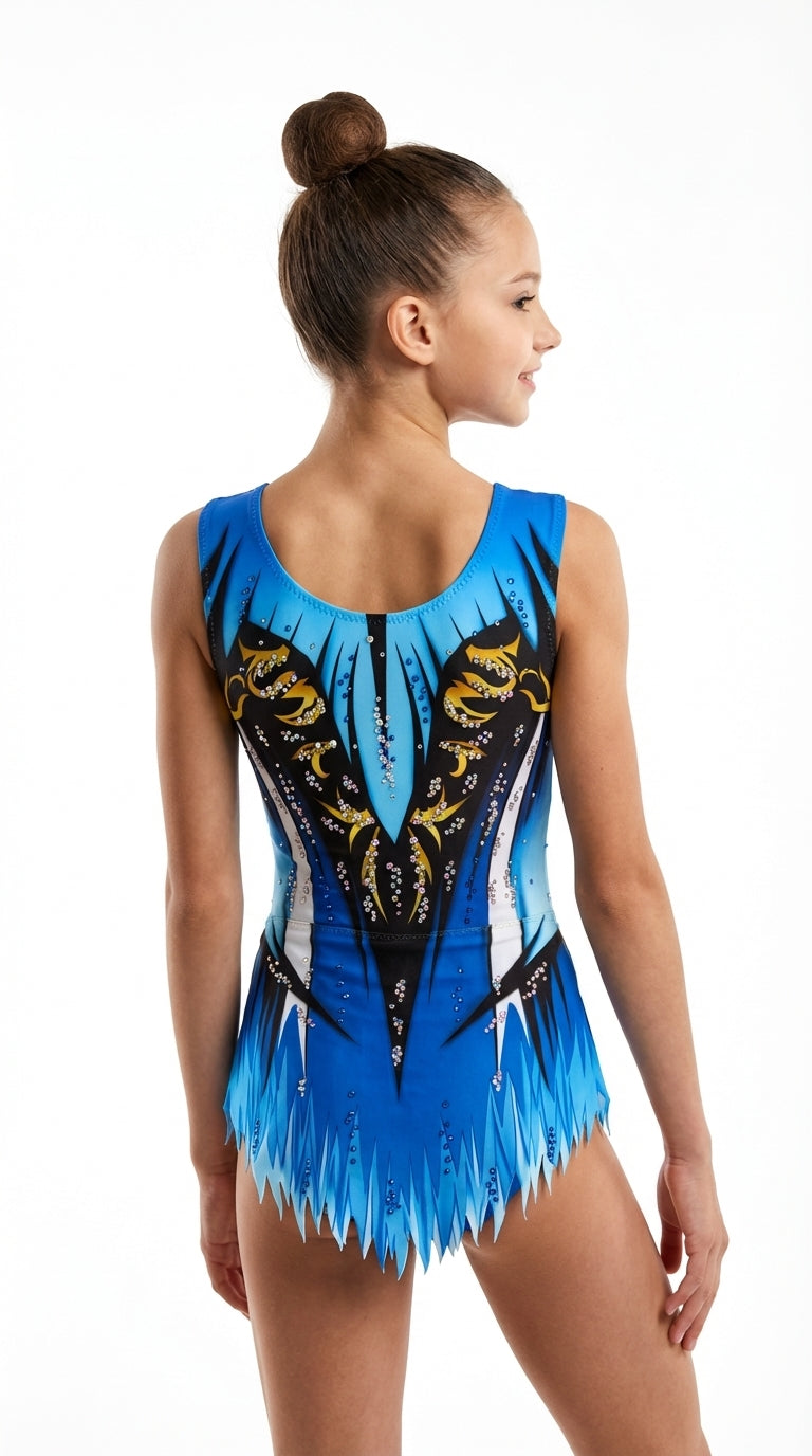 Maillot gimnasia rítmica competición espalda azul, negro y dorado con brillantes