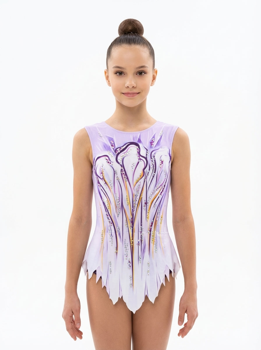 Maillot de gimnasia Filadelfia sin mangas, diseño rosa y naranja con strass para competición