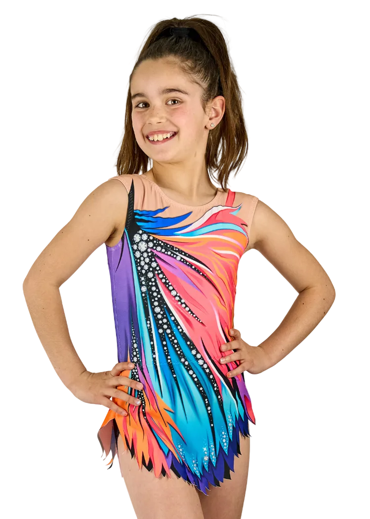 Design di body da ritmica colori arancione, blu, viola con cristalli