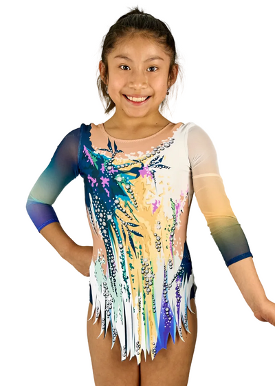 Body da ginnastica ritmica elasticizzato con sfumature in blu, arancione e motivi astratti in bianco e verde.