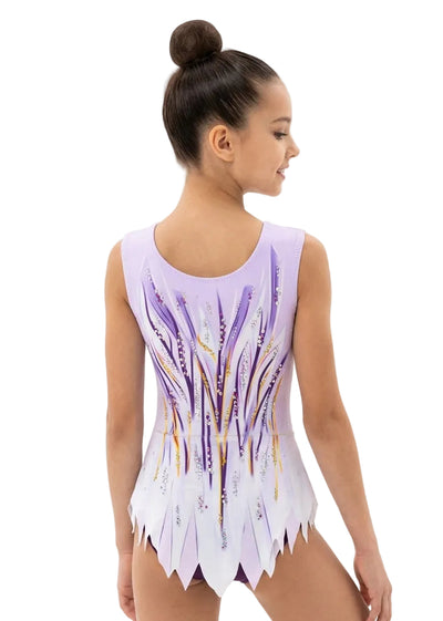 Body da gara Filadelfia, stampa geometrica fucsia e viola con gonnellino e strass