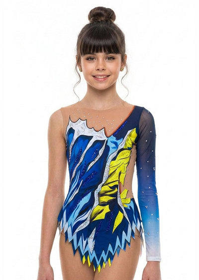 Body da ginnastica ritmica blu, giallo e bianco con strass brillanti per competizione.