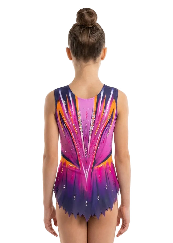 Body da gara con gonnellino, sfumato viola e fucsia con decorazione in strass phoenix