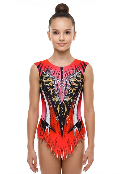 Body da ginnastica ritmica rosso e nero modello New York con strass per competizione.