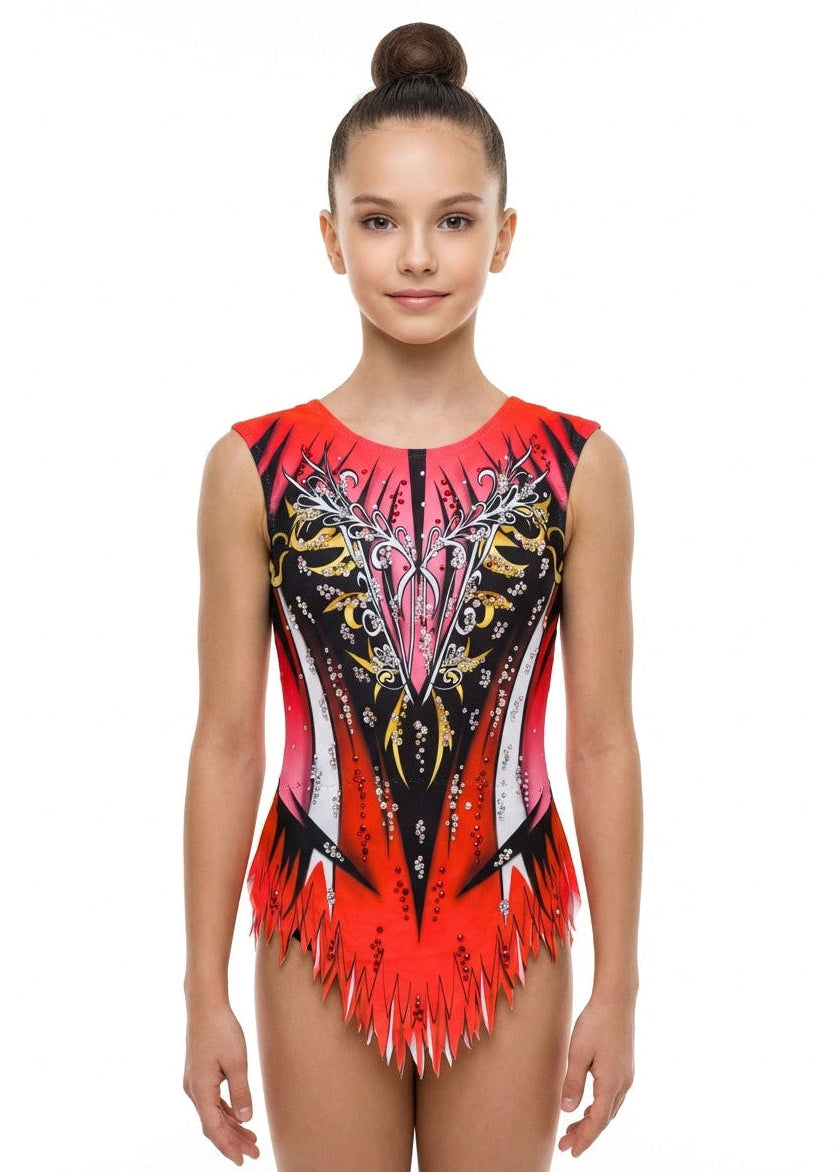 Body da ginnastica ritmica rosso e nero modello New York con strass per competizione.