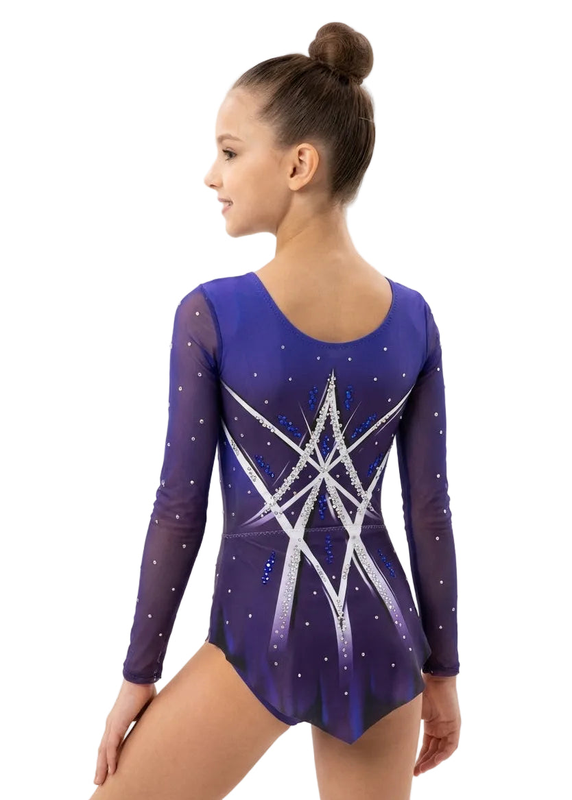 Body da ginnastica ritmica viola a maniche lunghe con linee bianche e strass modello Texas