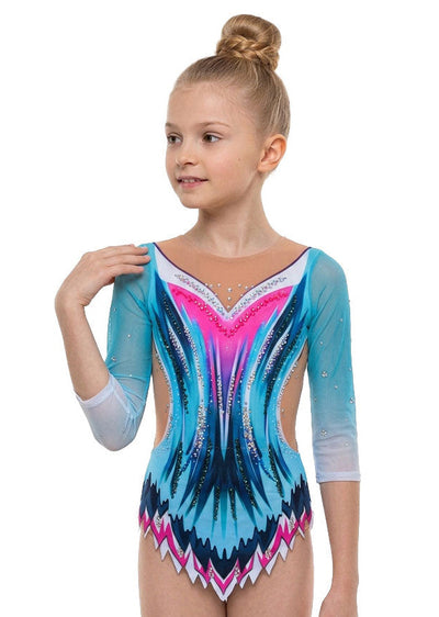 Body da ginnastica ritmica ciano e rosa con strass e gonnellino a punte per competizione professionale.
