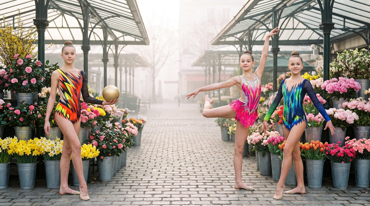 Tre ginnaste con body di ginnastica ritmica Primavera VINKOVA tra bancarelle di fiori.
