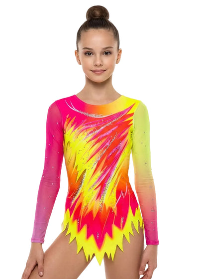Body da ginnastica ritmica a maniche lunghe in sfumatura rosa e giallo con dettagli in strass per competizione.