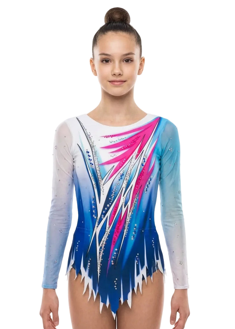 Body da ginnastica ritmica da gara a maniche lunghe bianco blu e rosa
