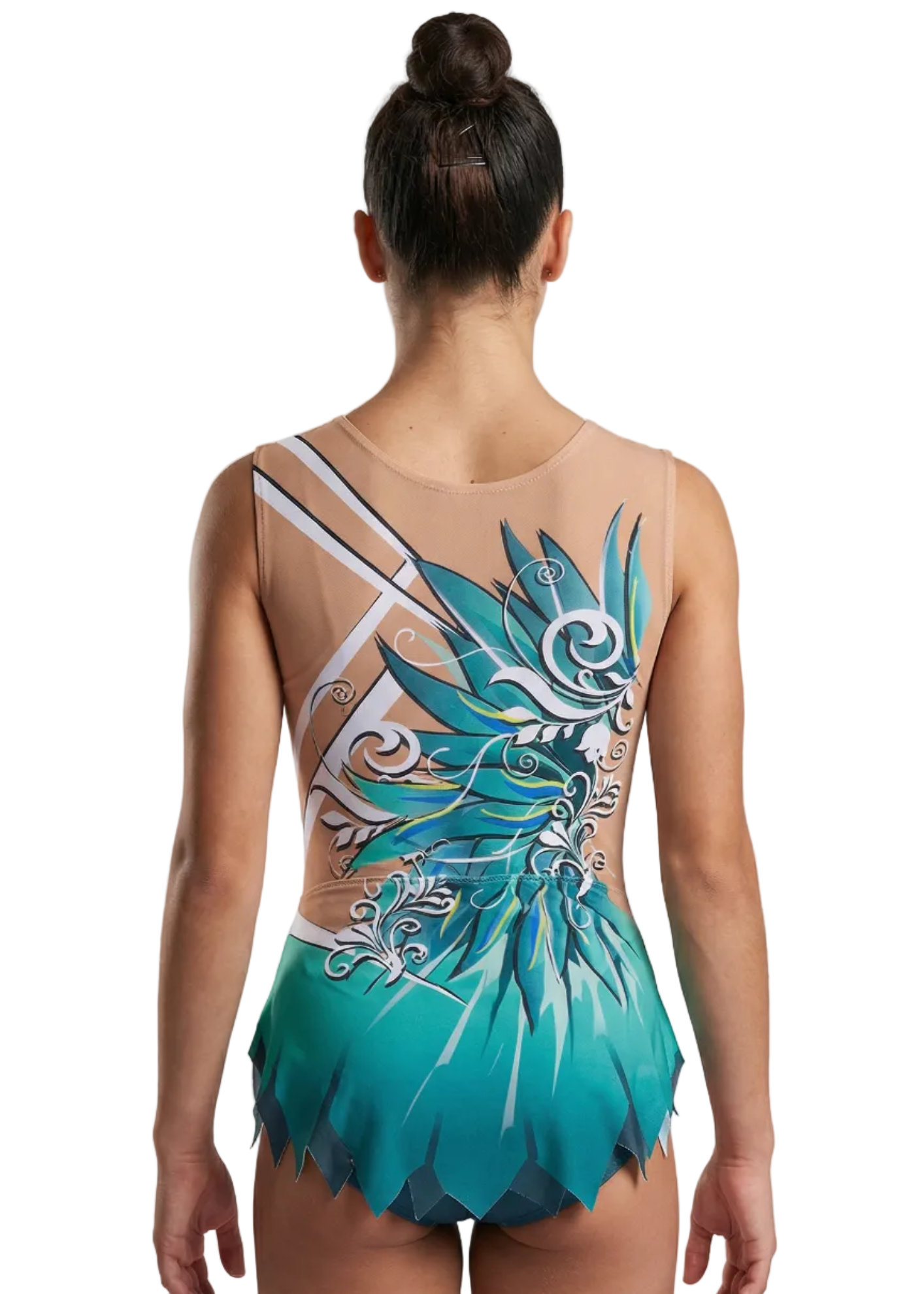 Body da gara per ginnastica ritmica nei toni del turchese e verde con strass, sfumature e motivi floreali per uno stile elegante.

Body per ginnastica ritmica in colore chiaro con verdi intensi, dettagli bianchi, strass brillanti e design floreale dall'aspetto dinamico.

Body per ginnastica ritmica visto sul retro su base chiara con verdi e turchesi, strass e motivi floreali fluidi.