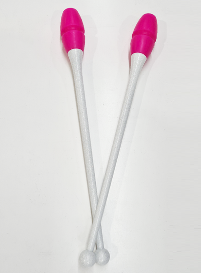 Clavette ginnastica ritmica 45cm bianco glitter e fucsia incastrabili.
