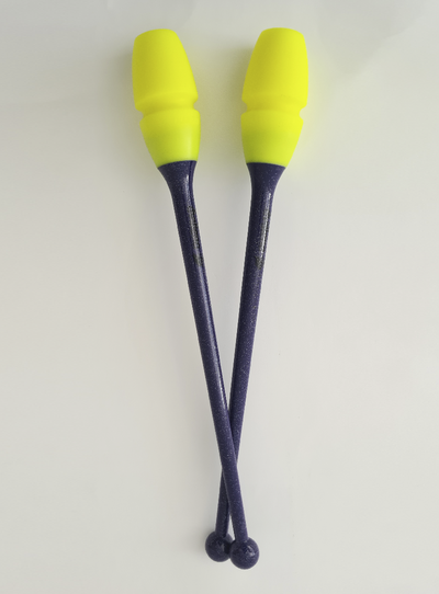 Clavette ginnastica ritmica viola glitter e giallo incastrabili 41cm e 45cm.
