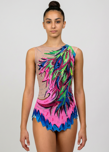Maillot de gimnasia rítmica en rosa y azul con toques verdes, pedrería abundante y motivos flameados creando un estilo vibrante.

Maillot de gimnasia rítmica color claro con rosas intensos, detalles verdes y azules, pedrería y diseño flameado de aspecto dinámico.

Maillot de gimnasia rítmica visto por la espalda en base clara con rosas, verdes y azules, pedrería dispersa y motivos flameados fluidos.