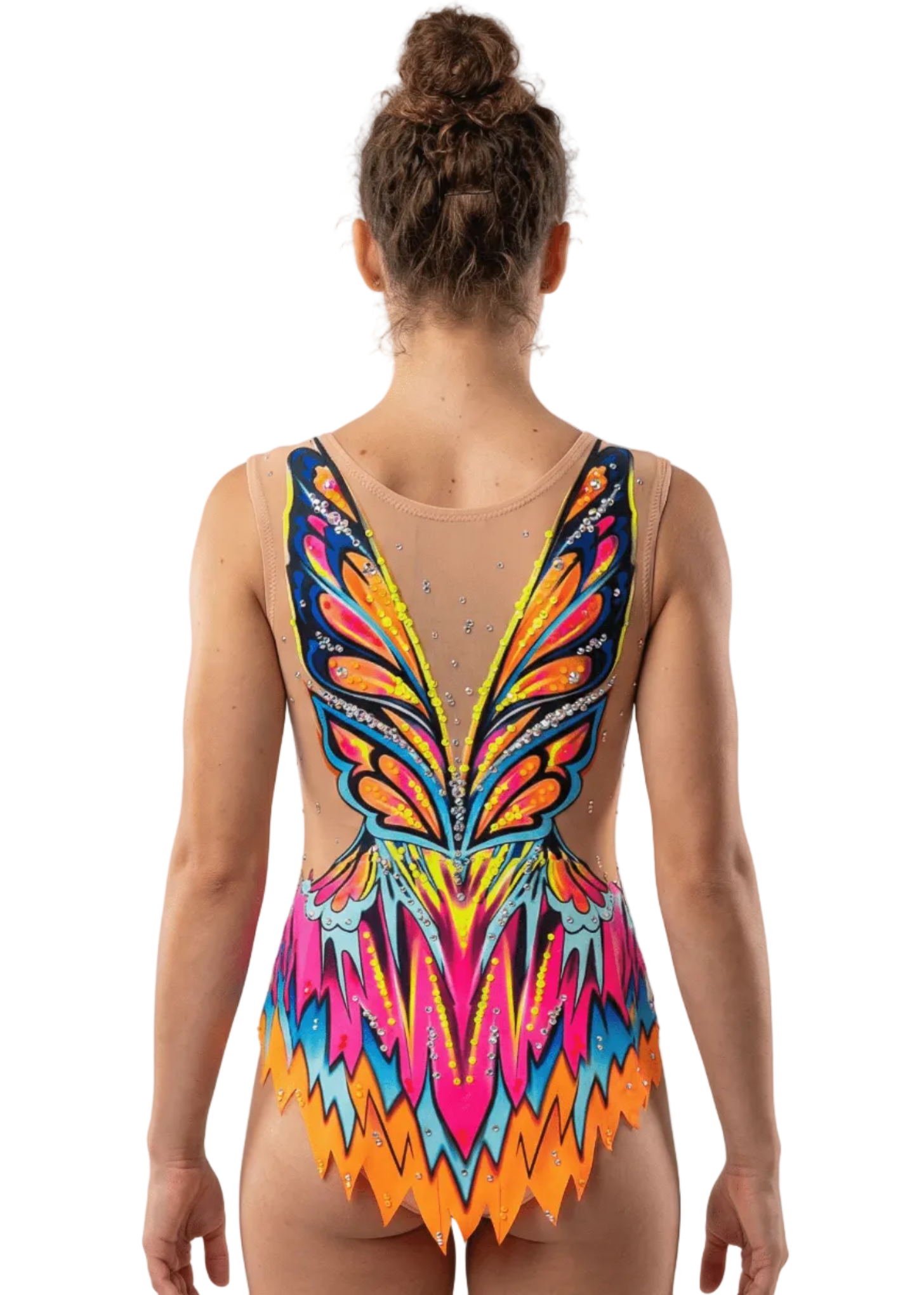 Body da gara per ginnastica ritmica multicolore con rosa, blu e arancione, strass brillanti, trasparenze e design posteriore simmetrico tipo ali vibranti.
Body da ritmica in tonalità neon e blu con abbondanti strass, morbide trasparenze e motivo posteriore dinamico con forme ascendenti.
Body da gara per ginnastica ritmica multicolore con dettagli trasparenti, cristalli raffinati e stile posteriore vibrante ispirato ad ali stilizzate.