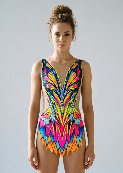 Maillot de gimnasia rítmica multicolor con rosa, azul y amarillo neón, transparencias laterales, pedrería brillante y diseño frontal simétrico vibrante.
Maillot rítmico en tonos neón y azul con pedrería abundante, transparencias laterales y estilo frontal dinámico de formas afiladas.
Maillot de gimnasia rítmica multicolor con detalles transparentes, pedrería fina y patrón frontal energético de líneas ascendentes.