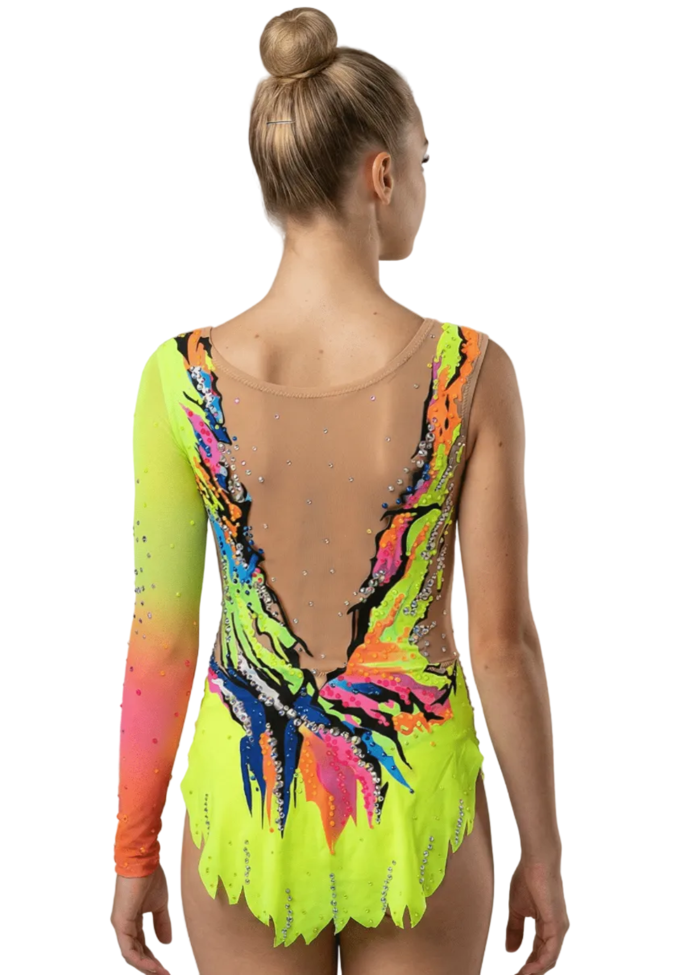 Schiena di un body da ritmica neon multicolore con rete color nudo, strass brillanti e forme ondulate dallo stile vibrante.
Schiena di un body da gara per ginnastica ritmica in tonalità neon con cristalli sparsi, rete color nudo e design fluido asimmetrico.
Schiena di un body da ritmica multicolore neon con gonnellino sagomato, abbondanti strass e tratti dinamici dallo stile accattivante.