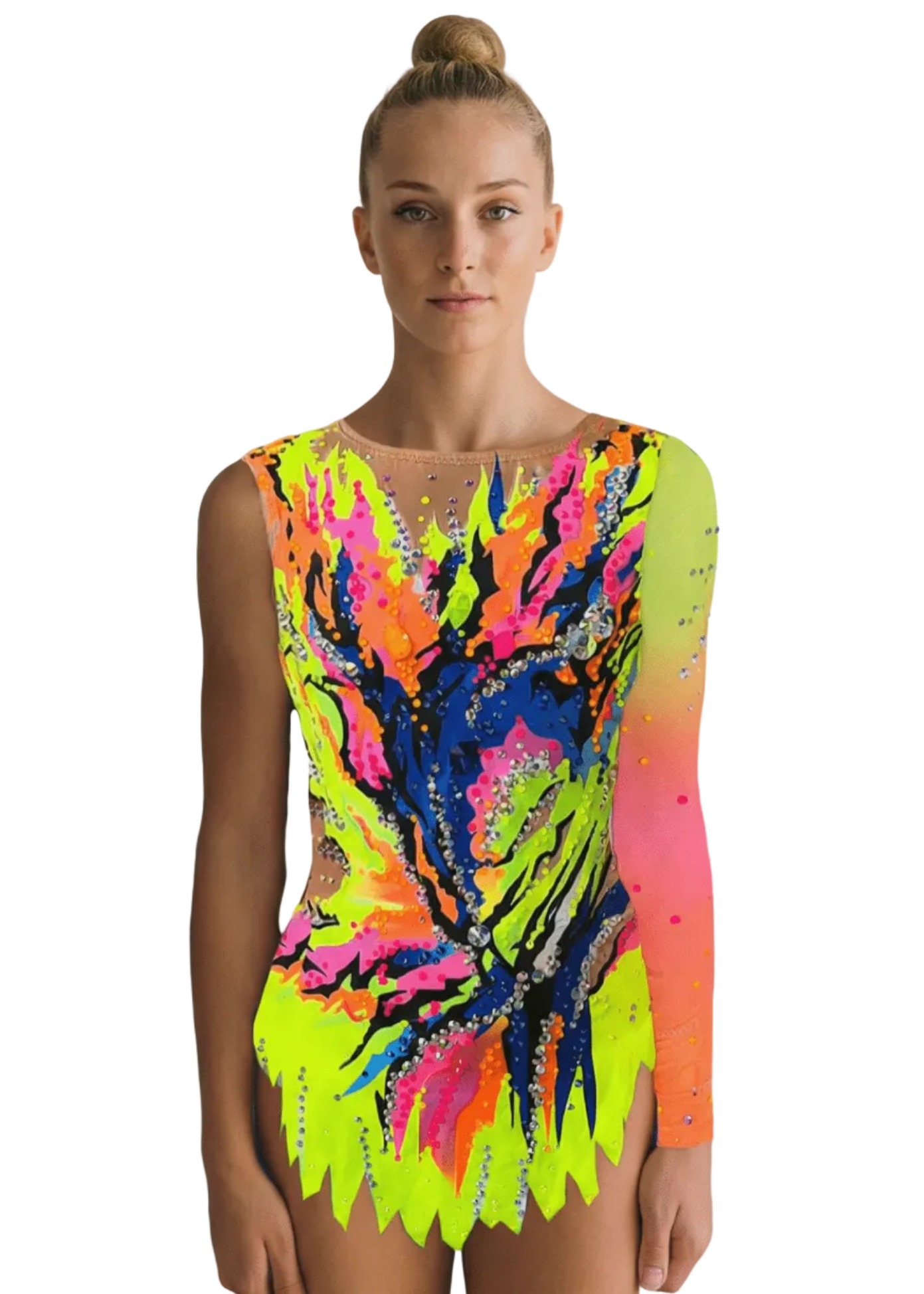 Body da gara per ginnastica ritmica neon multicolore con abbondanti strass, rete color nudo e una manica lunga sfumata in stile esplosivo.
Body da ritmica in tonalità neon con blu intenso, cristalli brillanti, rete color nudo e gonnellino sagomato dal design vibrante.
Schiena di un body da ritmica neon multicolore con strass sparsi, rete color nudo e forme dinamiche dallo stile accattivante.