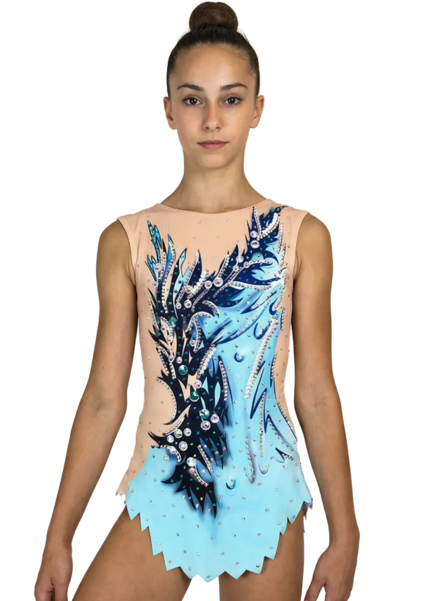 Body da gara per ginnastica ritmica in blu e celeste con abbondanti strass, sfumature delicate e motivi fluidi per uno stile acquatico.

Body per ginnastica ritmica in colore chiaro con blu intensi, dettagli celesti, strass brillanti e design ondulato dall'aspetto dinamico.

Body per ginnastica ritmica visto sul retro su base chiara con blu e celesti, strass e motivi fluidi in stile acquatico.