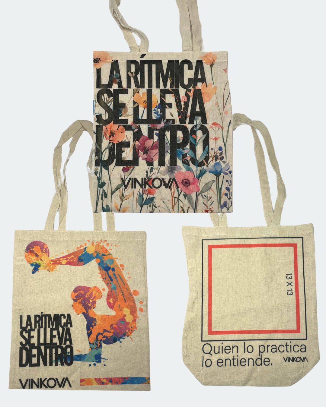 Borse tote Vinkova con manici lunghi, disegni di ginnasta, fiori e frasi stampate.