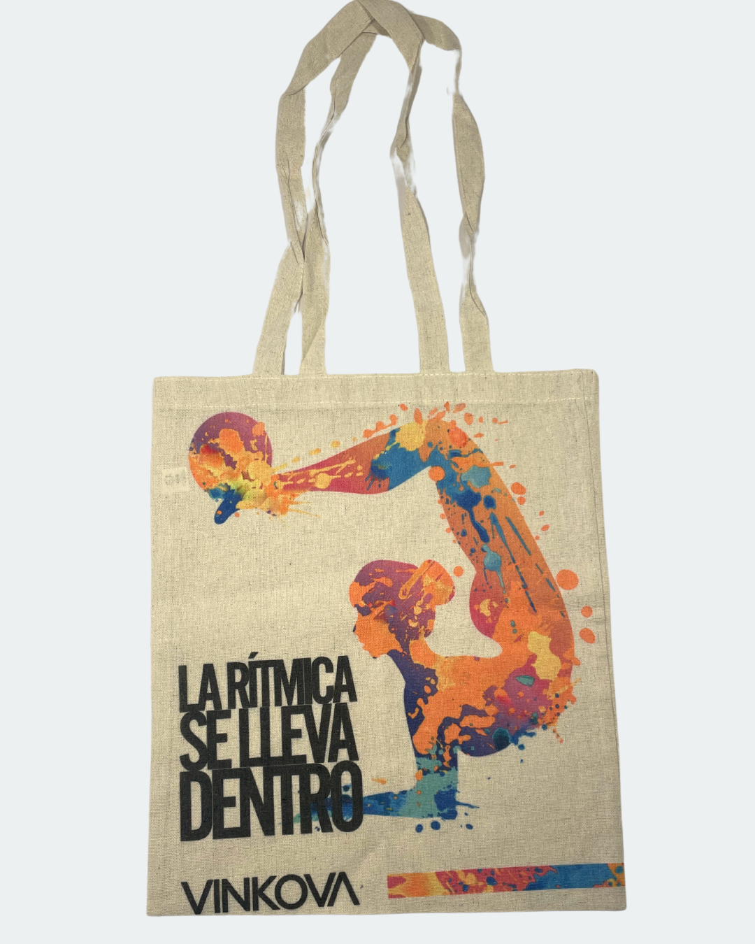 Borsa tote Vinkova con ginnasta arancione e slogan nero, vista completa.