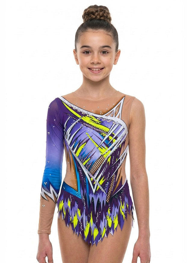 Body da gara per ginnastica ritmica asimmetrico nei toni del viola, giallo e blu con strass.
