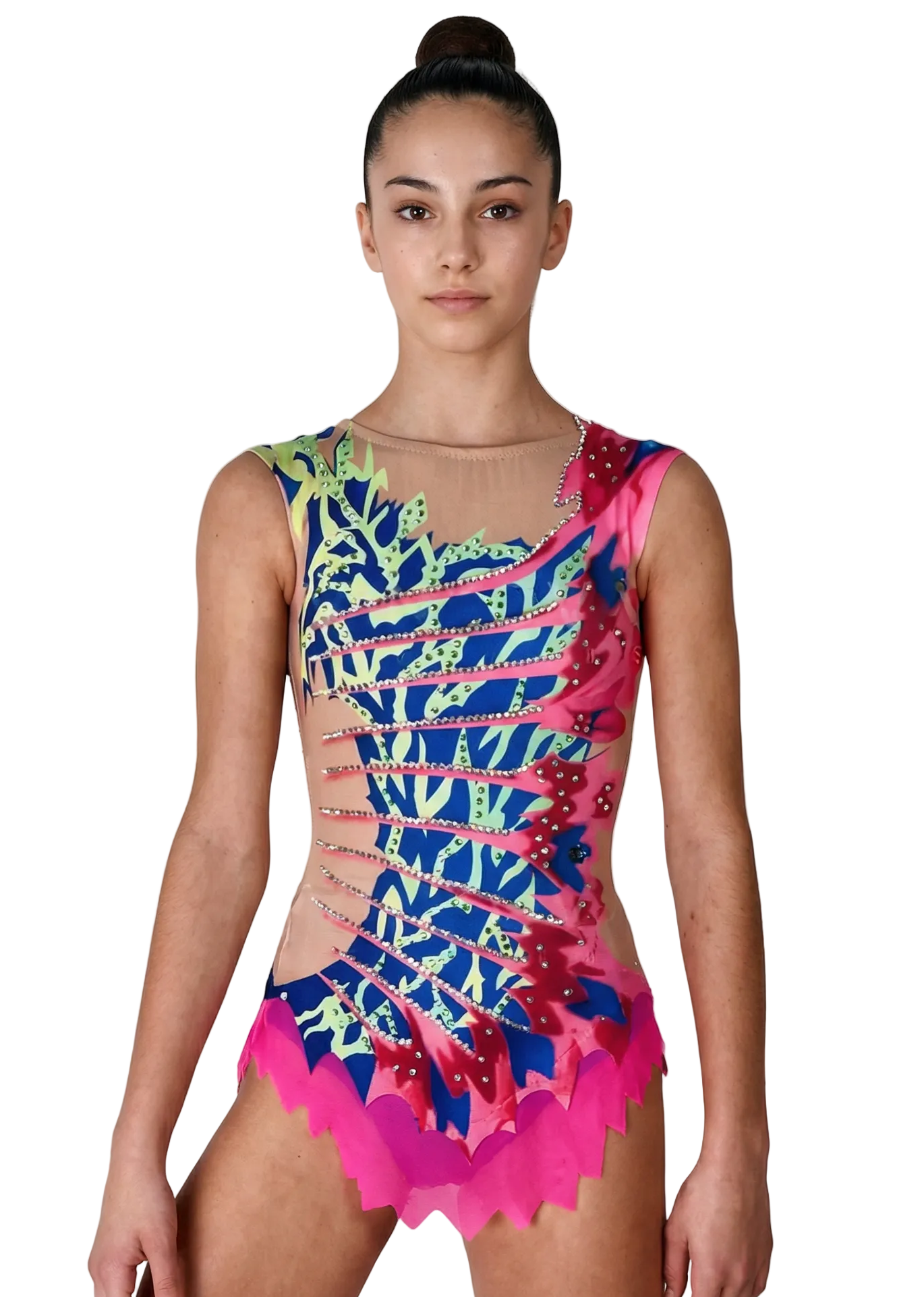 Body da gara per ginnastica ritmica in rosa, blu e verde con strass, trasparenze simulate laterali e motivi dinamici per uno stile vibrante.

Body per ginnastica ritmica in colore chiaro con rosa intensi, blu e verdi, strass brillanti e design asimmetrico dall'aspetto energico.

Body per ginnastica ritmica visto sul retro su base chiara con rosa, blu e verdi, strass e motivi fluidi dallo stile dinamico.